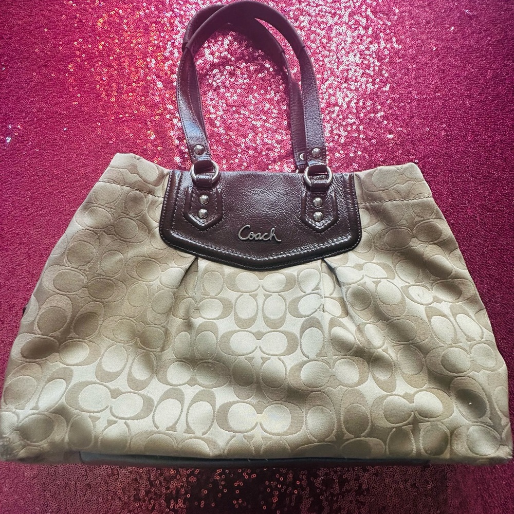 Coach Tan and Brown Shoulder Bag with Signature Monogram